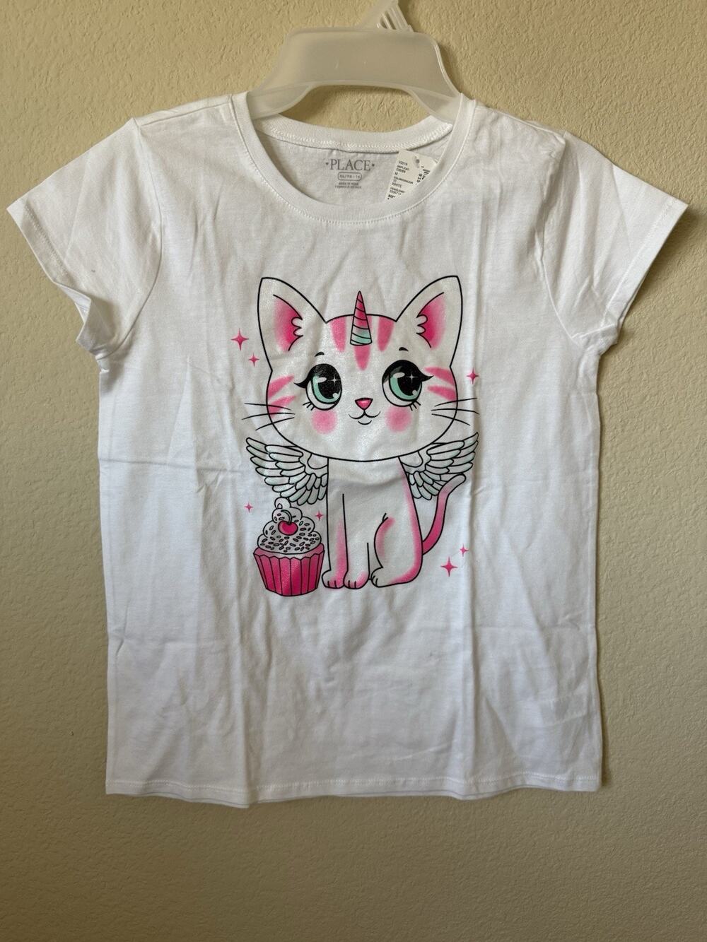 White Pink Glitter Sparkle Magical Caticorn Cupcake Short Sleeve Top Size XL 14